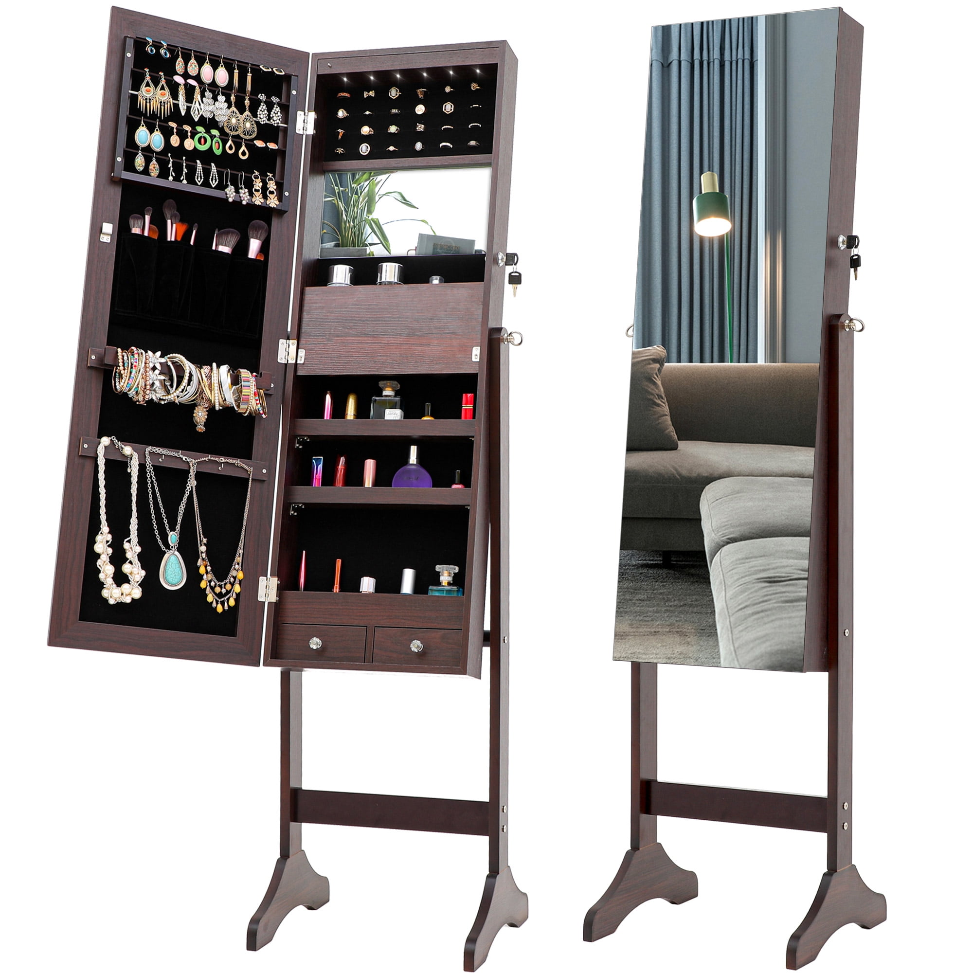 Resenkos LED Light Jewelry Armoire with Full-Length Mirror, Brown Standing Mounted Lockable Jewelry Organizer Cabinet