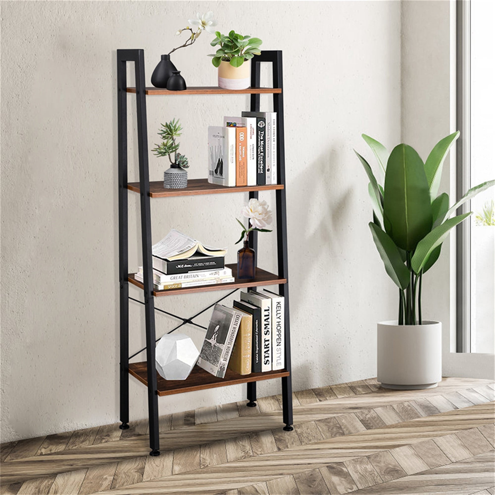 EDOEMSE Ladder Shelf, 4-Tier Bookshelf, Wood Bookcase with Steel Frame ...