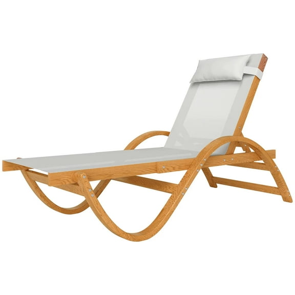 Resenkos Larch Wood Tanning Lounger, 4-Level Adjustable Comfort Chair, Full Flat Patio Relaxer With Mesh Seat, Cozy Cream White
