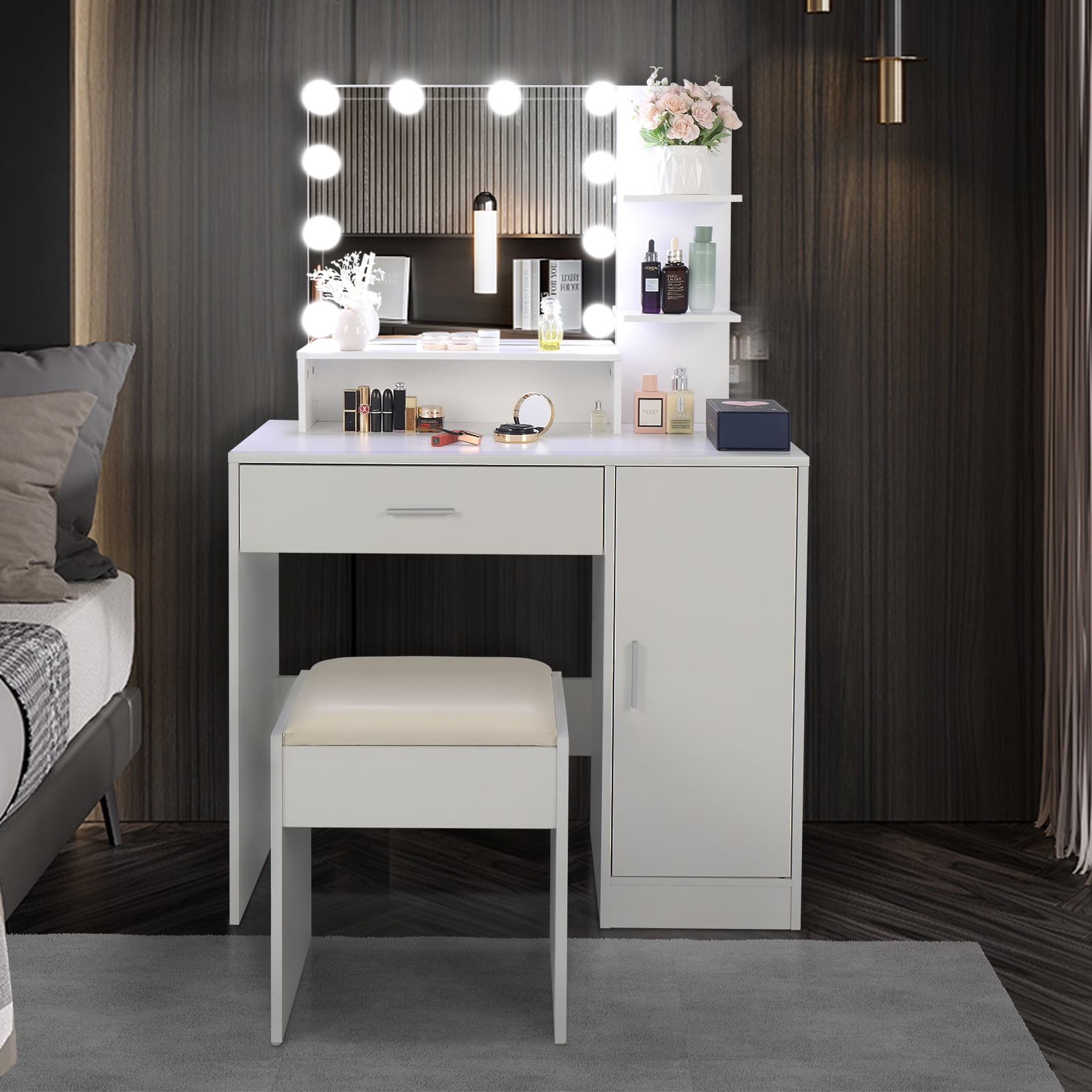 Resenkos Large Vanity Desk Set with 10 LED Bulbs, Makeup Dressing Table with Cushioned Stool for Women, Girls, Bedroom, White