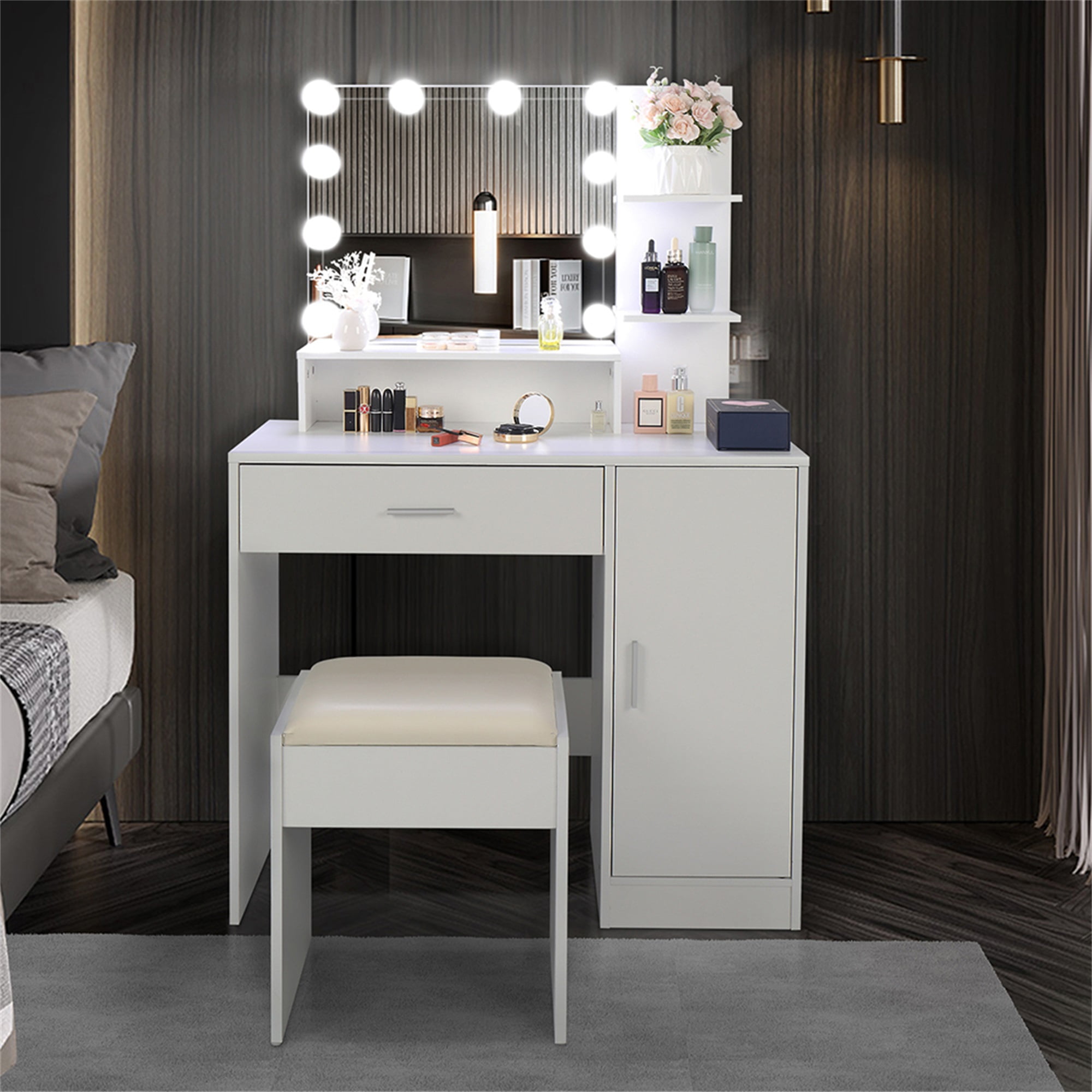 Resenkos Large Vanity Desk Set with 10 LED Bulbs, Makeup Dressing Table with Cushioned Stool for Women, Girls, Bedroom, White