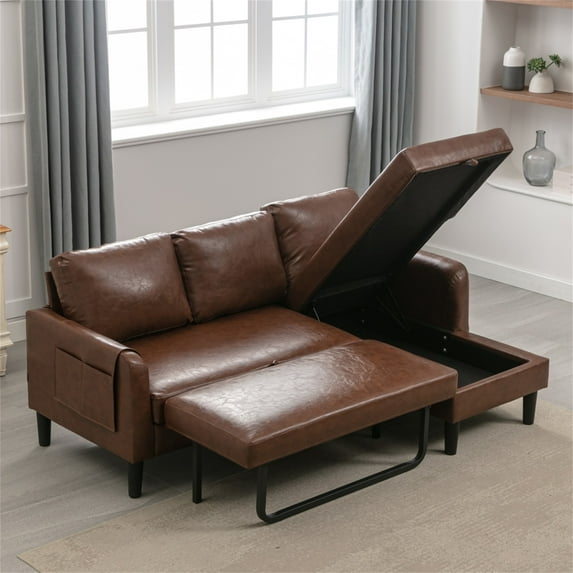Resenkos Leather L Shaped 4-Seat Sleeper Sectional Sofa Couch Pull-Out Bed and Storage Chaise Lounge, Brown