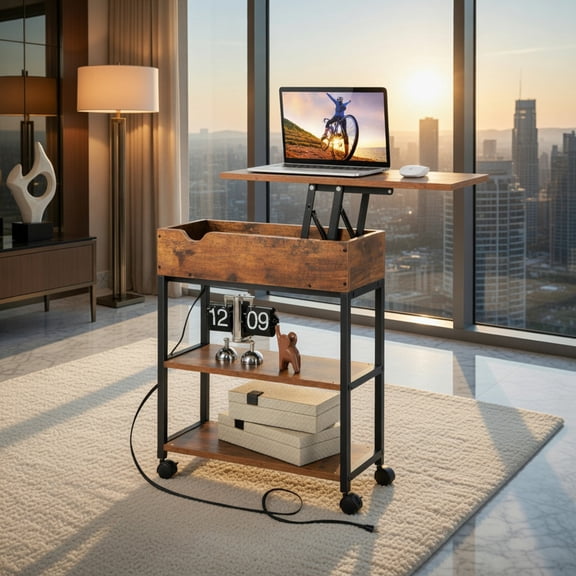 Resenkos Lift Top End Table with Charging Station and Universal Wheels-Rustic Brown, Nightstand Small Side Table, End Table for Bedroom Living Room