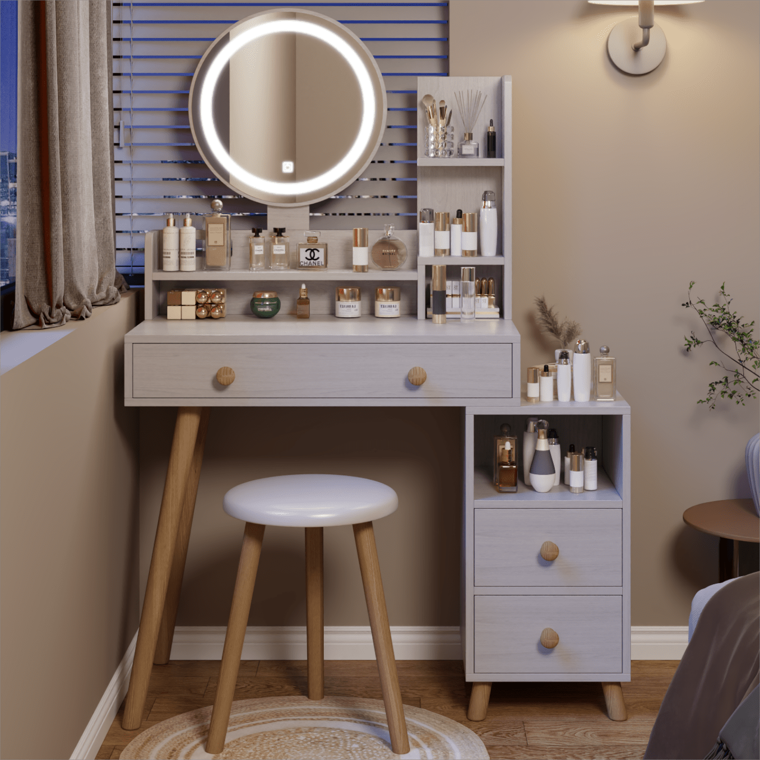 Resenkos Lighted Makeup Vanity Desk Set with Round Mirror&Power Outlet& Stool, Bedroom Dressing Table, White Oak