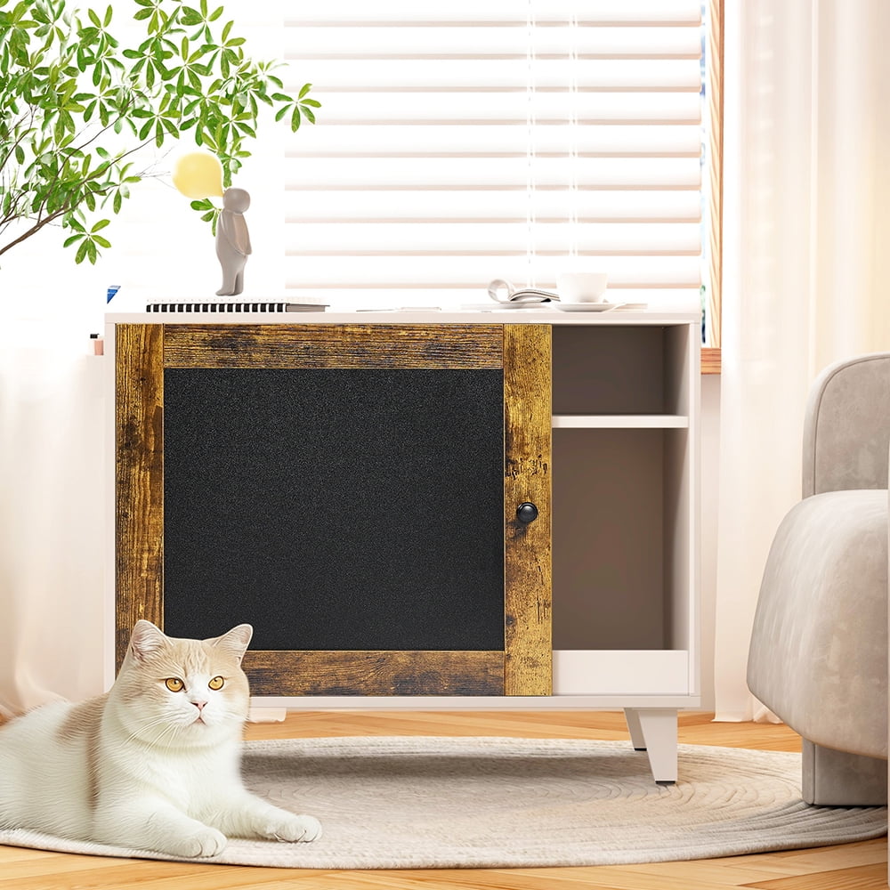 Resenkos Litter Box Enclosure,Modern Hidden Cat Litter Box Enclosure Furniture with Scratching Pad for Living Room, White + vintage color door frame Resenkos Litter Box Enclosure,Modern Hidden Cat Litter Box Enclosure Furniture with Scratching Pad for Living Room, White + vintage color door frame