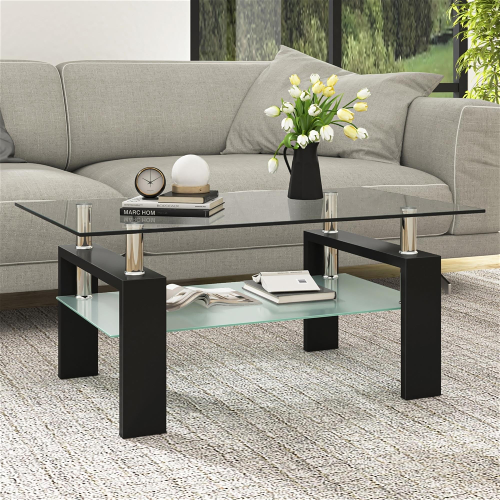 Resenkos Living Room Coffee Table with Storage Open Shelf Black Frame