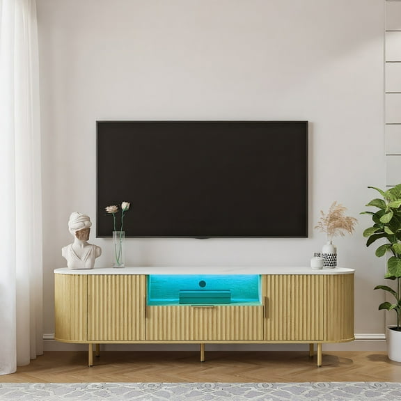 Resenkos Living Room Floor-Standing TV Cabinet with 16-Color LEDs, Entertainment Center with Storage Doors, TV Console for 55-Inch TVs - Brown