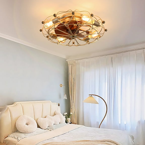 Resenkos Low Profile Caged Ceiling Fan, Ceiling Chandeliers with Lights Remote Control, Embedded Industrial Ceiling Fan, Gold