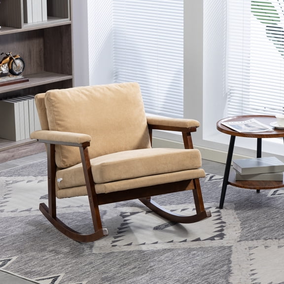 Resenkos Lumbar Supported Ergonomic Rocking Chair, Mid-Century Upholstered Reading Seat for Bedroom and Lounge, Brown
