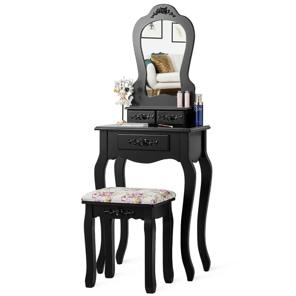 European Retro Vanity Desk With Mirror & Stool – Cream Dressing Table With Drawers And Lights