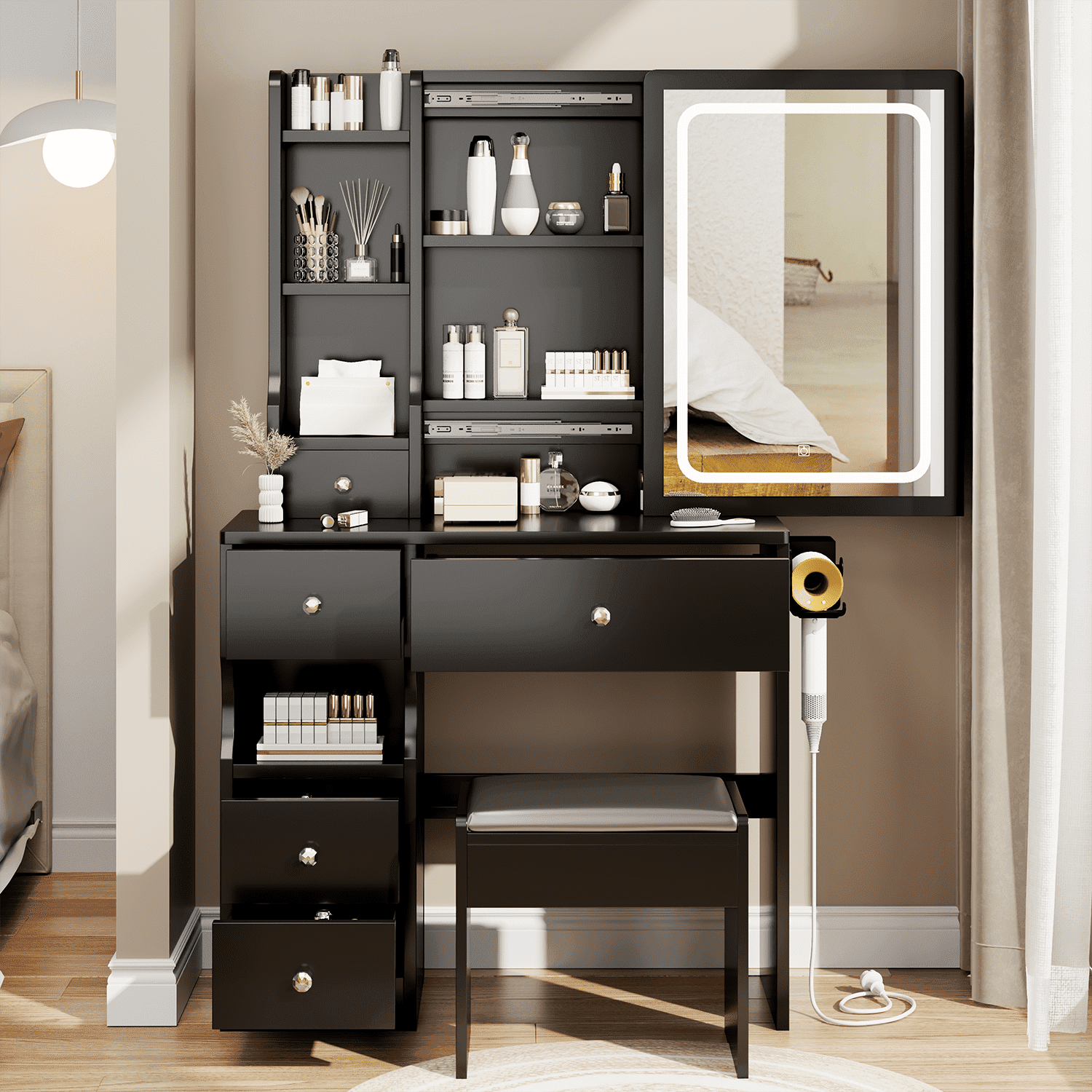Resenkos Makeup Vanity Desk Set with Lighted Mirror, Power Outlet&Stool, Bedroom Dressing Table Makeup Desk, Black