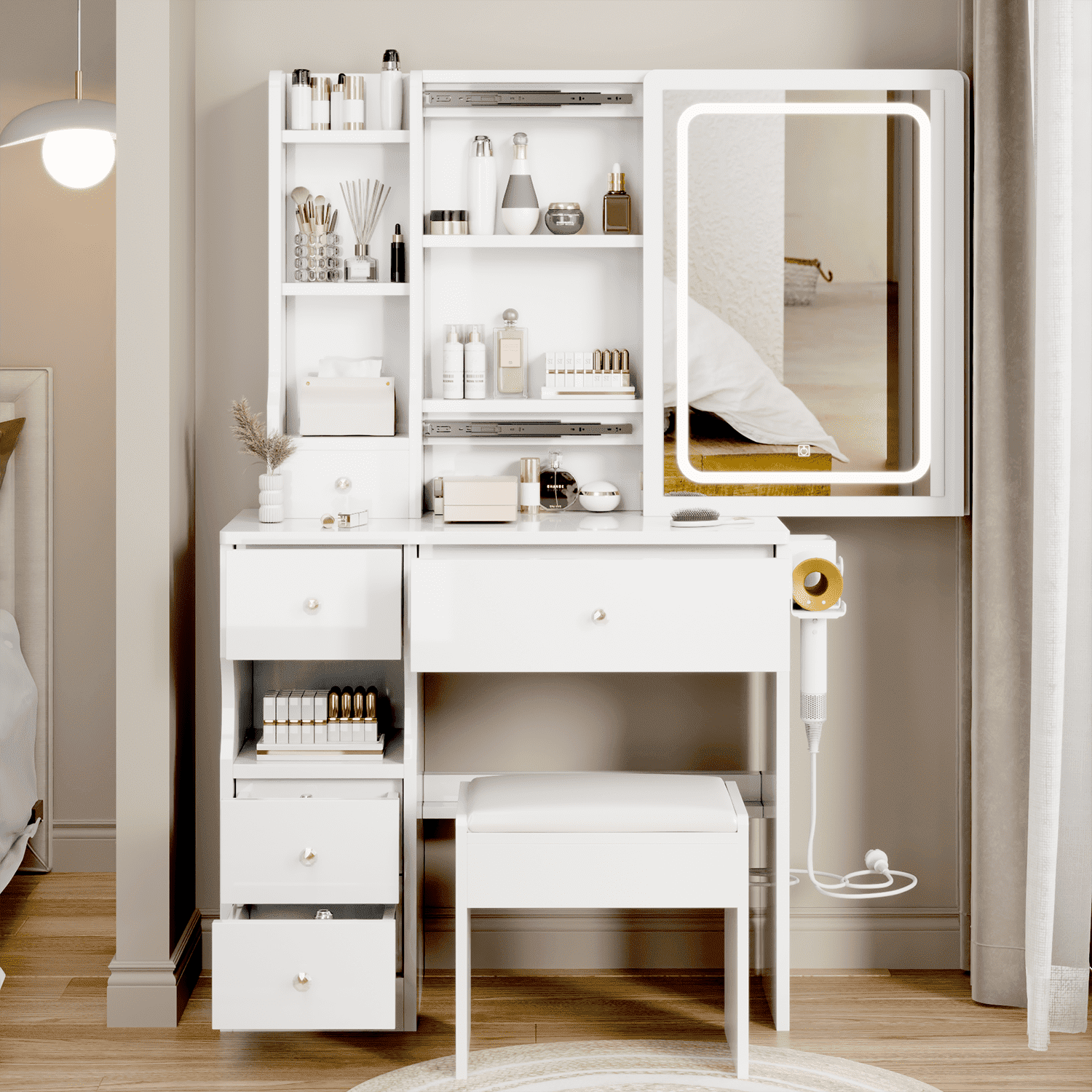 Resenkos Makeup Vanity Desk Set with Lighted Mirror, Power Outlet&Stool, Bedroom Dressing Table Makeup Desk, White