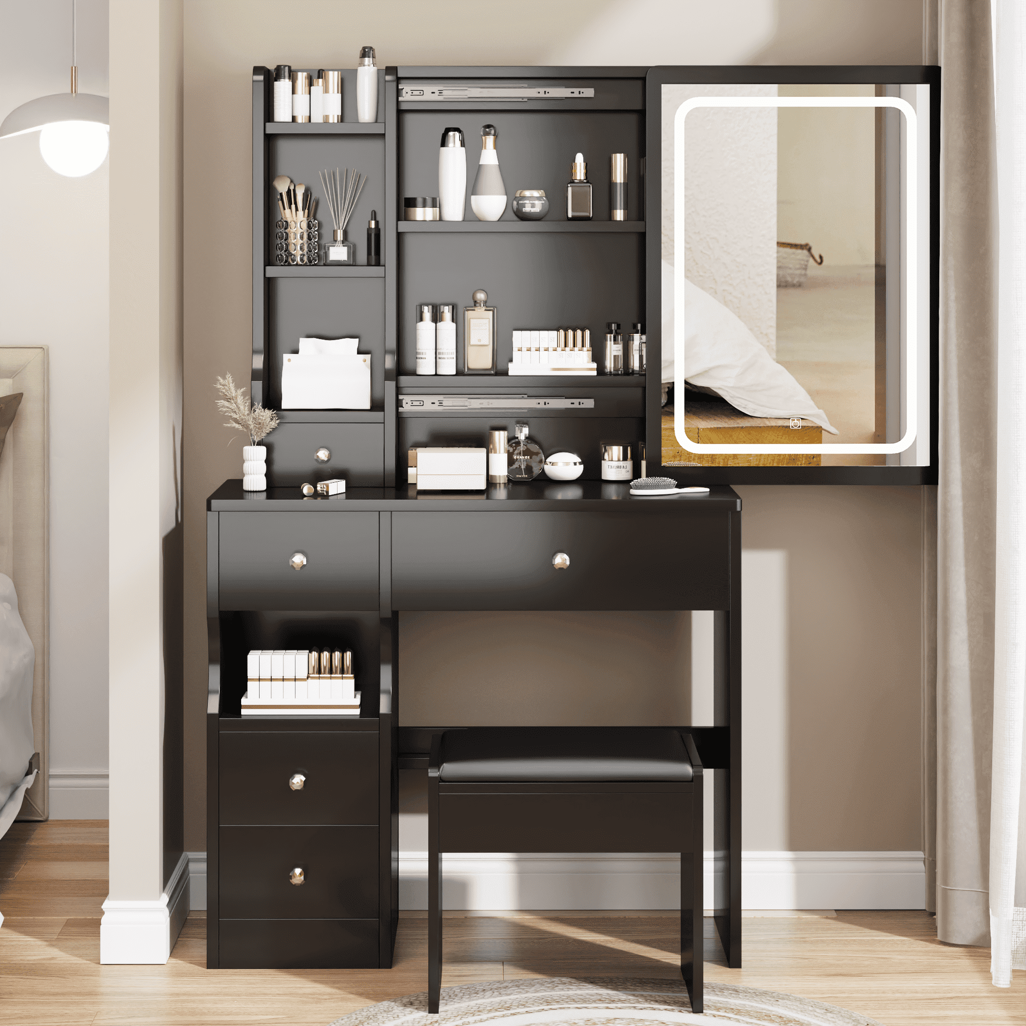 Resenkos Makeup Vanity Desk Set with Lighted Mirror & Stool, Bedroom Dressing Table with Large Drawers, Black