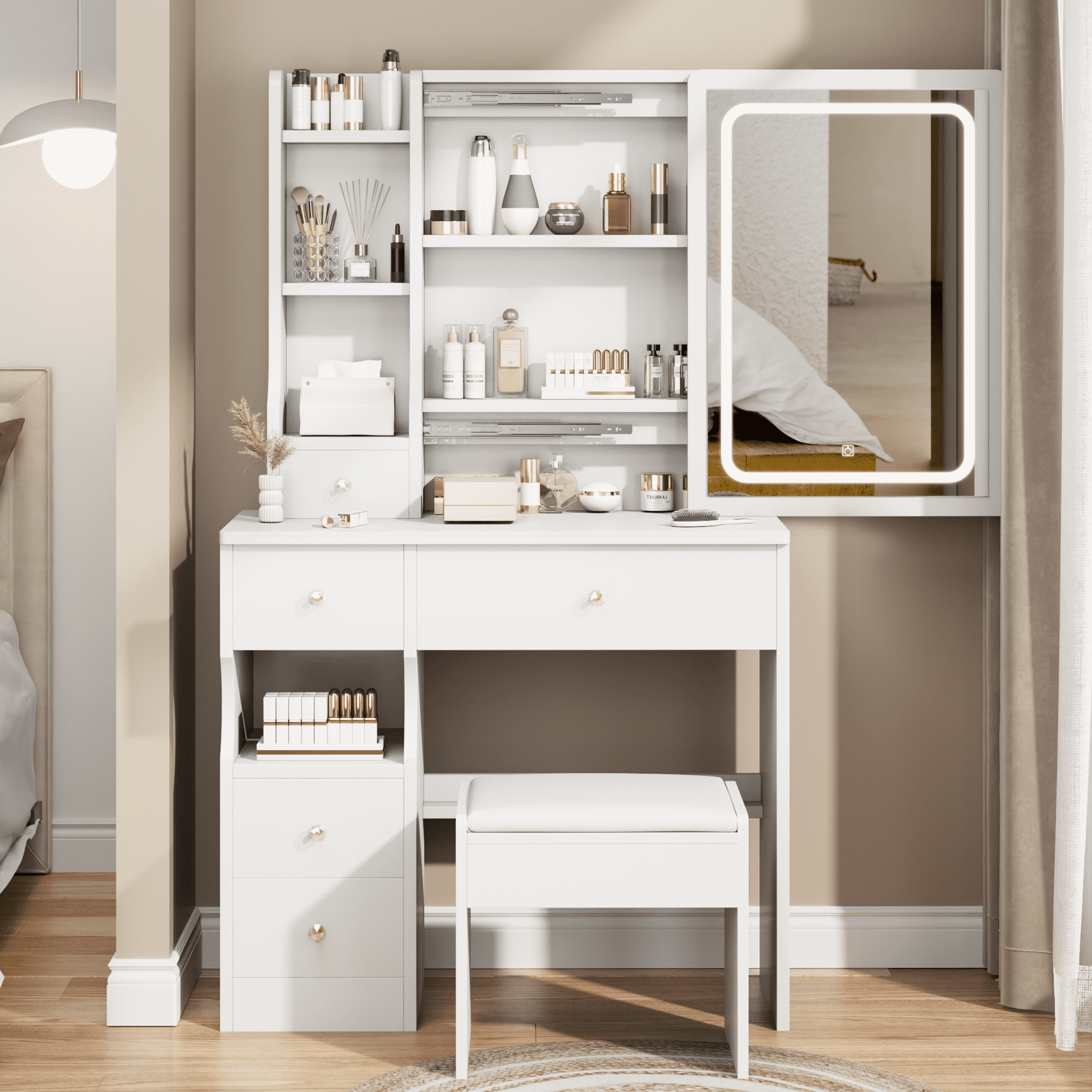Resenkos Makeup Vanity Desk Set with Lighted Mirror & Stool, Bedroom Dressing Table with Large Drawers, White