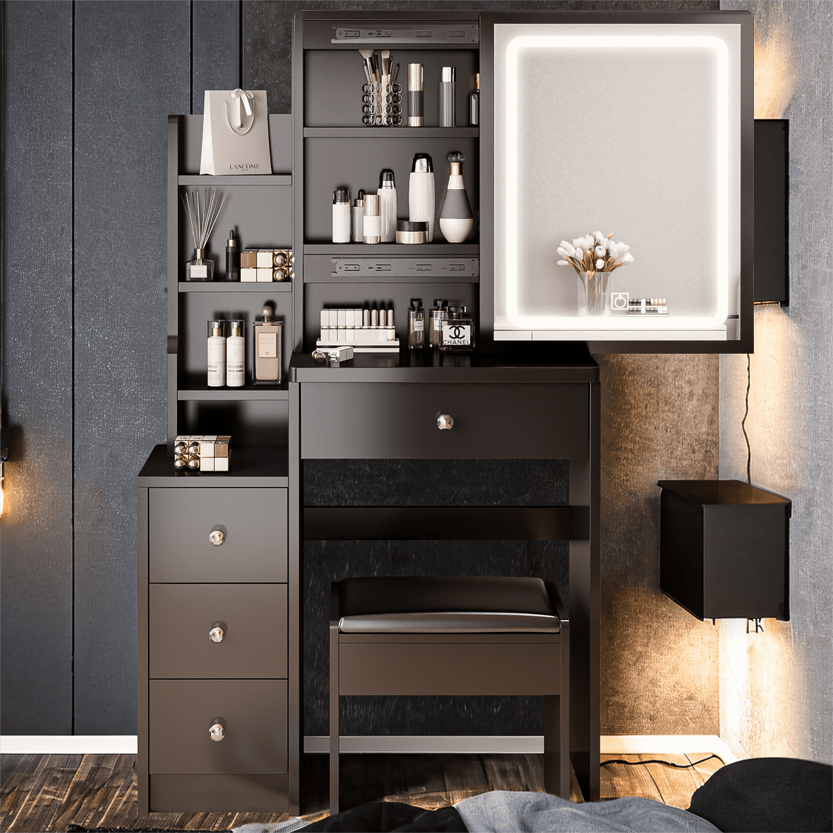 Resenkos Makeup Vanity Desk Set with Mirror and Lights and Cushioned Bench, Modern 4 Drawers Storage Vanity Table for Bedroom, Black