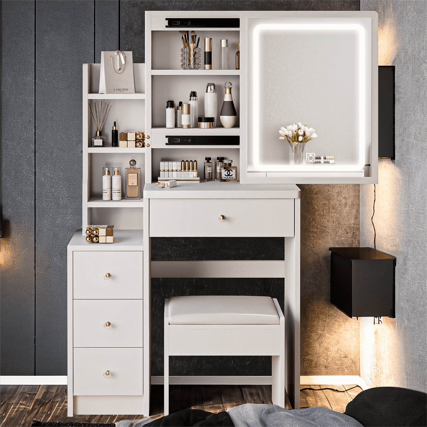 Resenkos Makeup Vanity Desk with Rectangle Mirror and LED Lights for Bedroom, 30" Dressing Table Dresser Stool