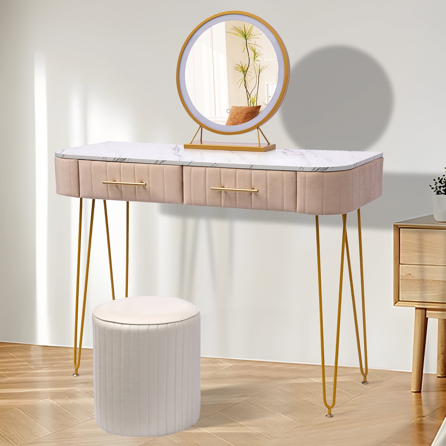 Resenkos Makeup Vanity Desk with Round Mirror and LED Lights for Bedroom, 40" Dressing Table Dresser Stool