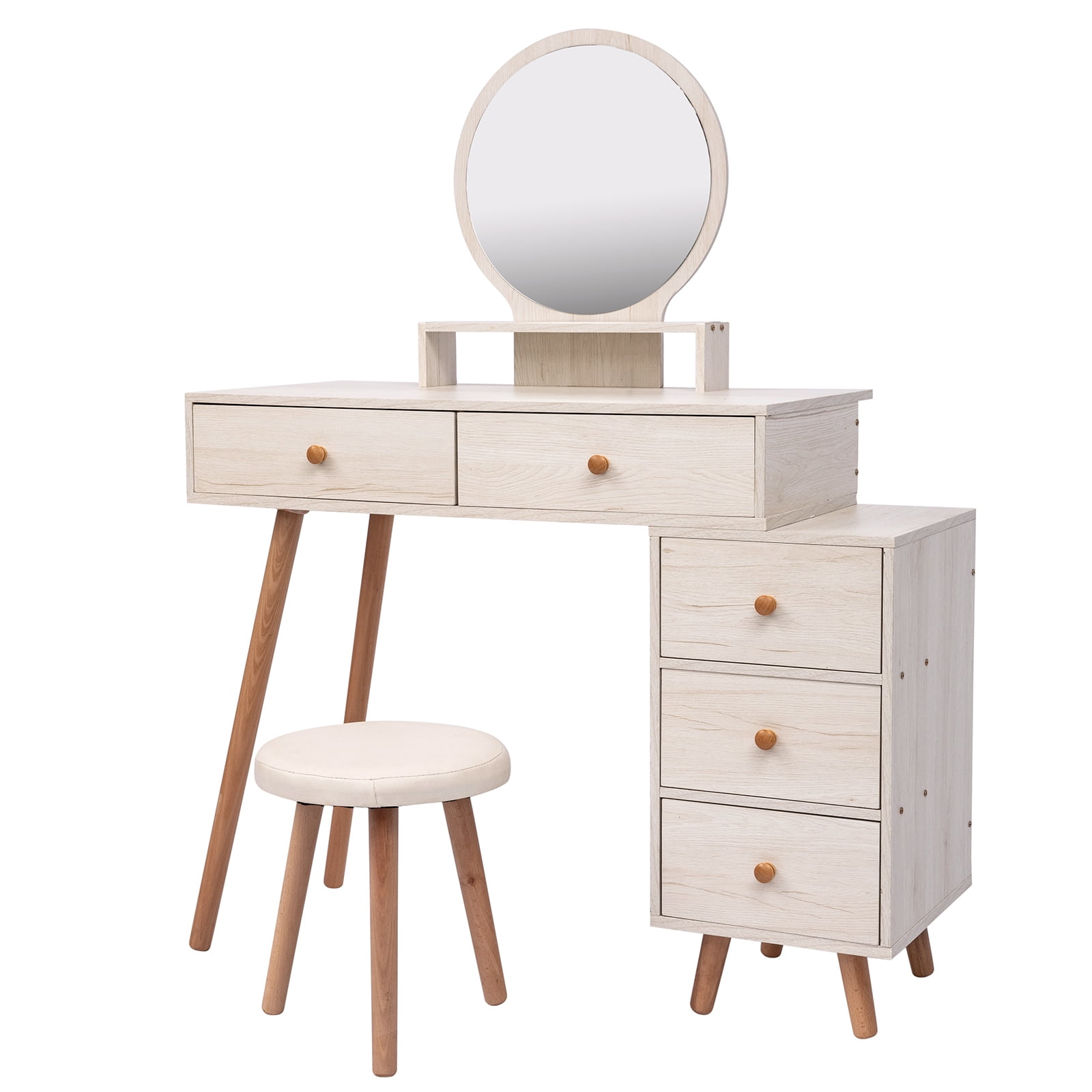 Resenkos Makeup Vanity Set with Round Mirror & Cushioned Stool, 5 Drawers Dresser Desk for Bedroom, White Oak