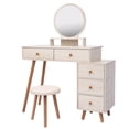 thumbnail image 1 of Resenkos Makeup Vanity Set with Round Mirror & Cushioned Stool, 5 Drawers Dresser Desk for Bedroom, White Oak, 1 of 11