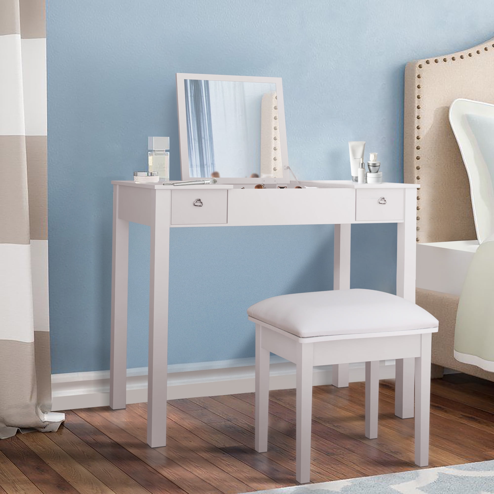 Resenkos Makeup Vanity with Upholstered Stool and Flip-Top Mirror and 2 Drawers, Small Computer Desk Home Office Desk for Writing Study Bedroom, White
