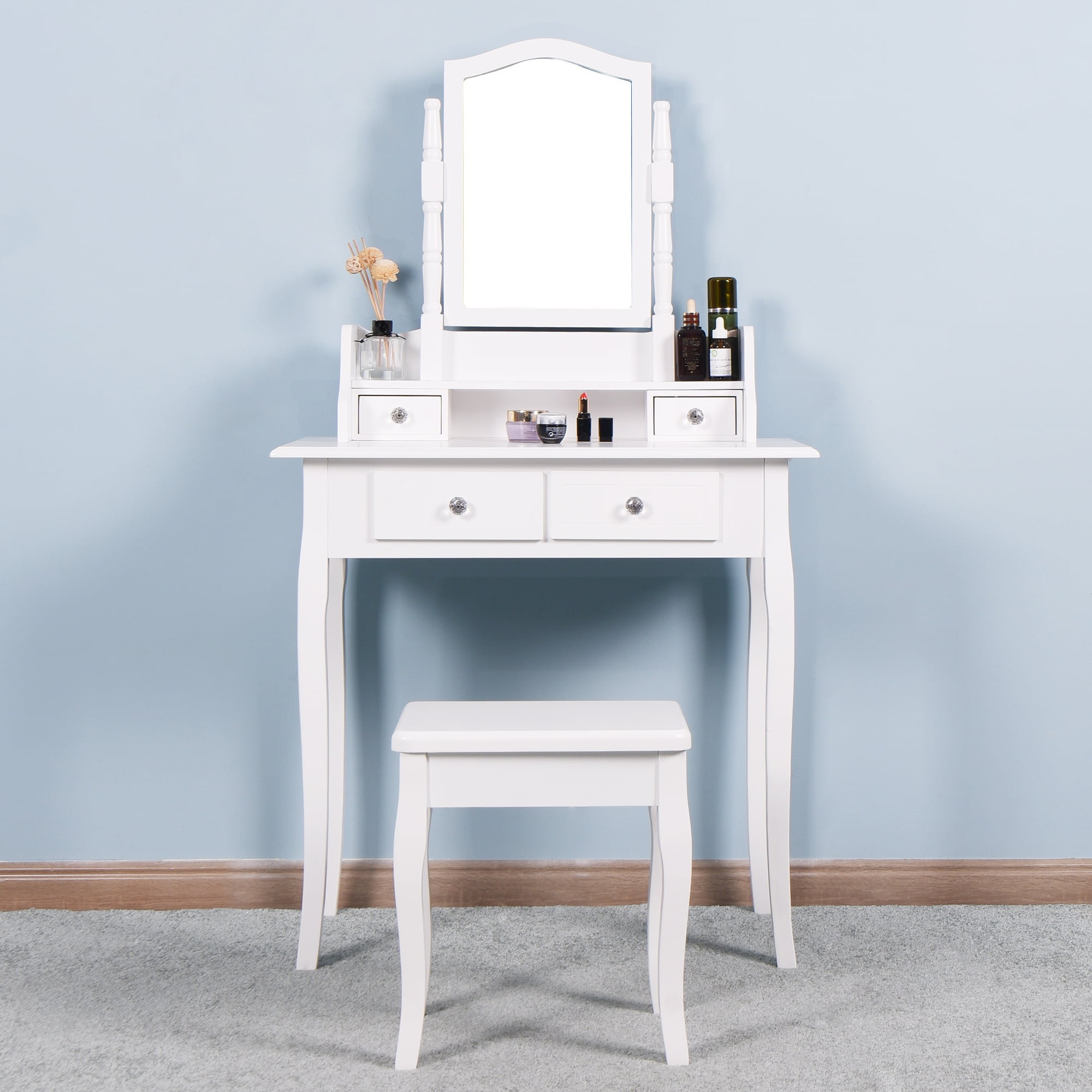 Resenkos Makeup Vanity with Mirror, Mid-Century Dressing Table for Writing Study Bedroom, White