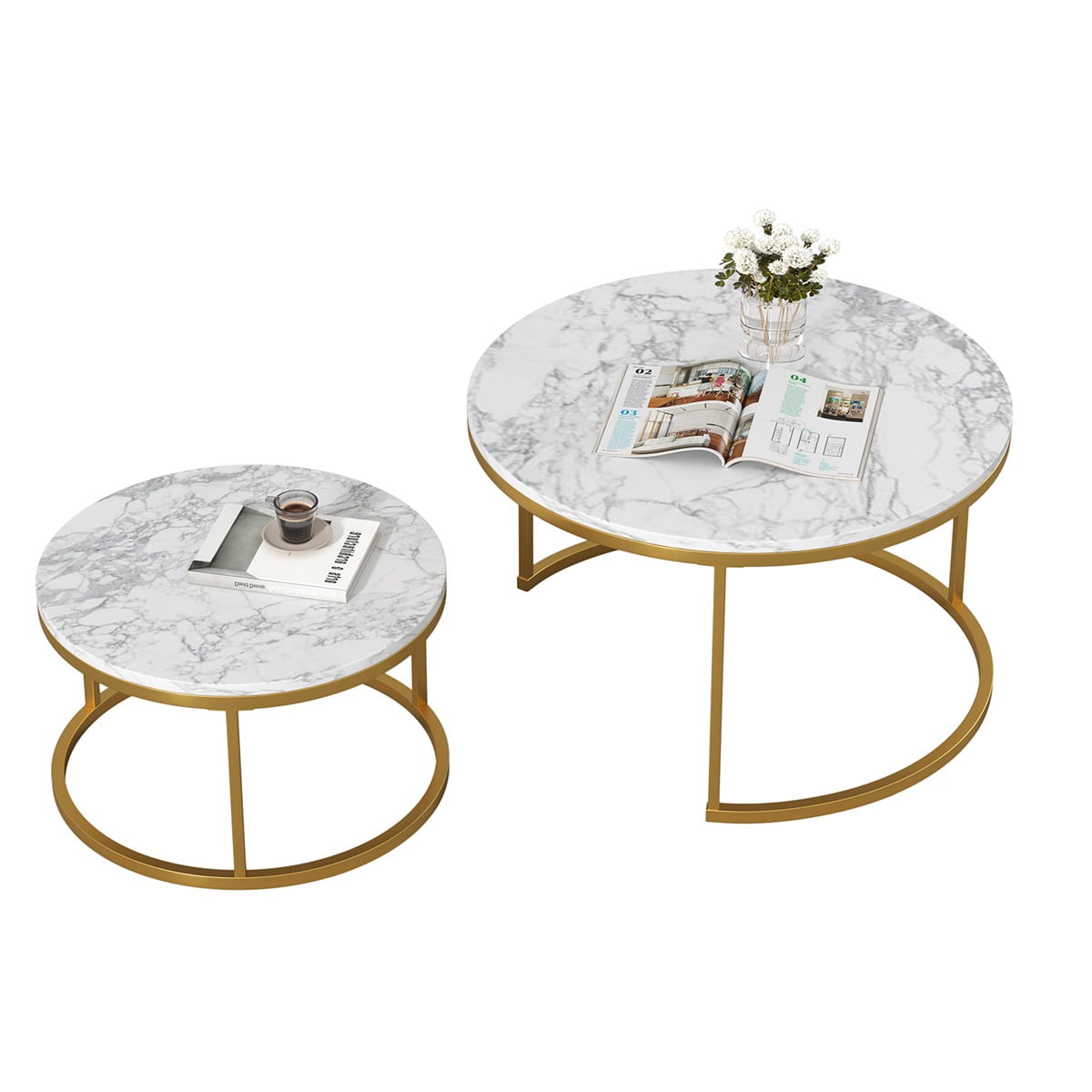 Resenkos Marble Coffee Tables, Round Nesting Side Tables with Gold Metal Frame, White&Gold, Set of 2