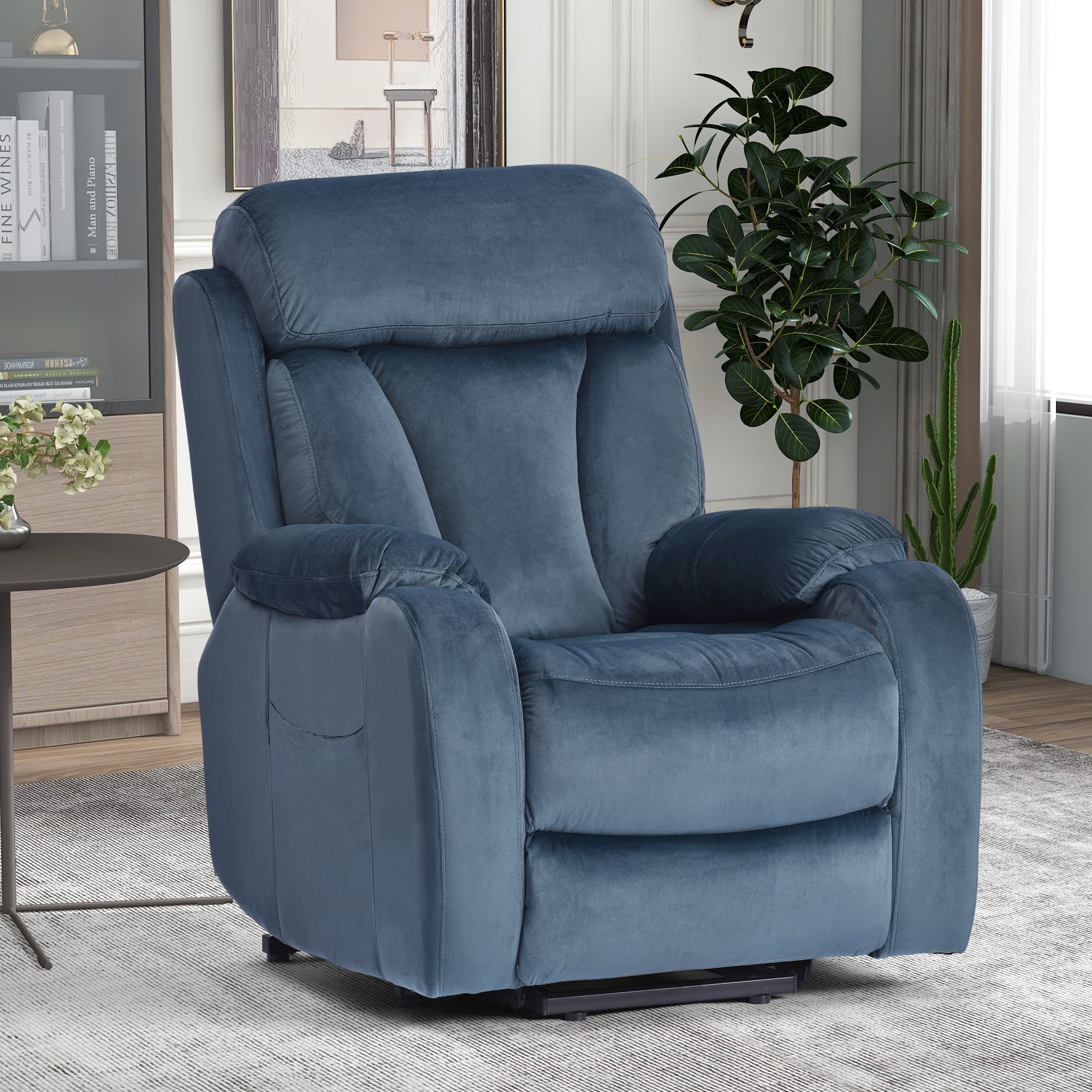 Resenkos Massage Recliner Chair, Fabric Recliner Sofa Home Theater Seating with Lumbar Support, Power Lift Recliner Chair for Living Room, Navy Blue