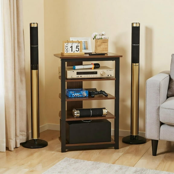 Resenkos Media Stand with 4-Tier Audio Rack AV Media Corner Shelf, Cable Management for DVD Players, Cable Box Xbox, Assembly required, Brown
