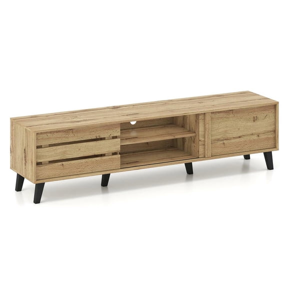 Resenkos Mid-Century Media Console for 80-Inch TVs with Sliding Door Cabinets, Oak