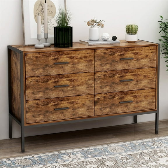 Resenkos Mid Century Modern 6 Drawer Dresser with Cutout Handle for Bedroom Walnut