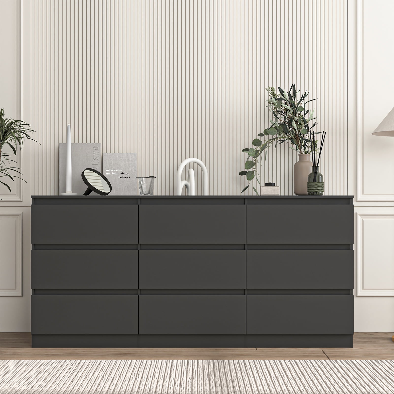 Resenkos Mid Century Modern 9 Drawer Dresser for Bedroom with Hidden Handle Black