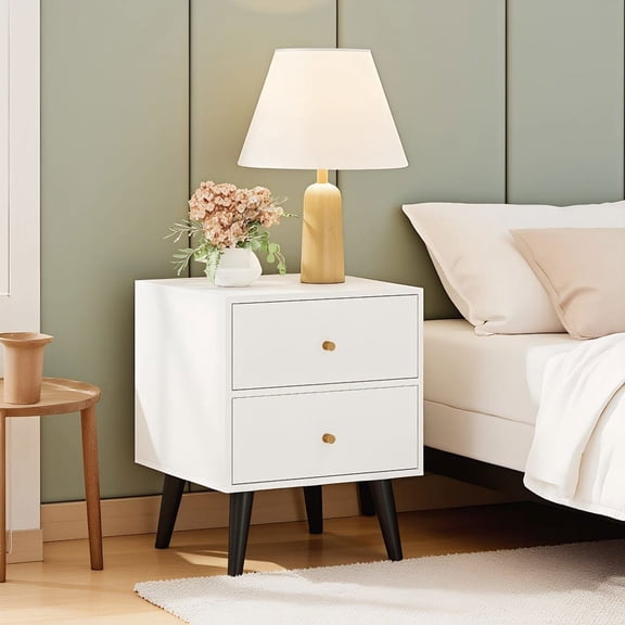 Resenkos Mid Century Modern Bedside Table Nightstand with Golden Knobs and Raised Support Legs, Storage Cabinet for Bedroom, White and Black