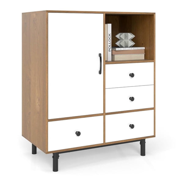 Resenkos Mid-Century Modern Buffet with 4 Drawers and Open Compartment, Natural