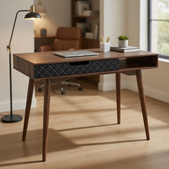 Resenkos Mid-Century Modern Computer Desk with Drawer and Open Compartment - Brown/Black