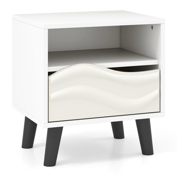 Resenkos Mid-Century Modern Nightstand 3D Wavy Pattern + Open Shelf, Stylish Bedside Table for Bedroom/Living Room, White + Black