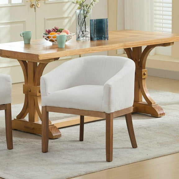 Resenkos Mid-Century Modern Upholstered Barrel Dining Chair, With Arms, Farmhouse Linen, Natural Hardwood Frame, 19"W Accent Chair, Beige