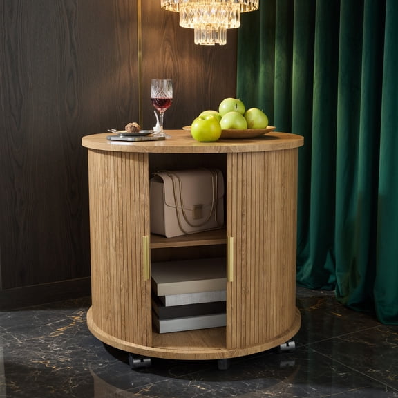 Resenkos Mid-Century Modern Walnut Cylinder End Table with Built-in AC/USB Charging Station, Sliding Door & 2-Tier Storage – Compact Round Nightstand for Bedroom, Living Room or Entryway