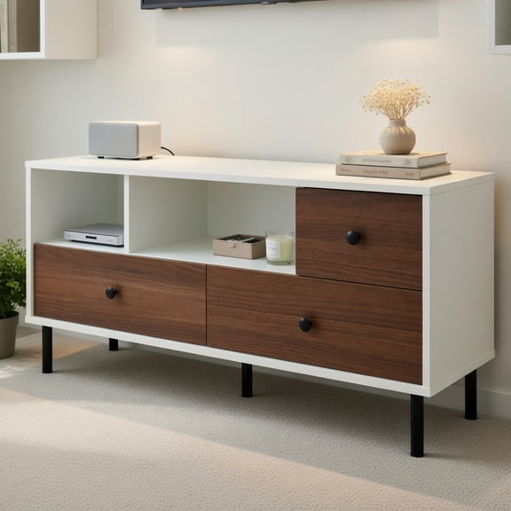 Resenkos Mid-Century TV Stand for 50-inch TVs with 2 Cubbies and 3 Drawers, Mid Century Modern TV Stand for Living Room Bedroom