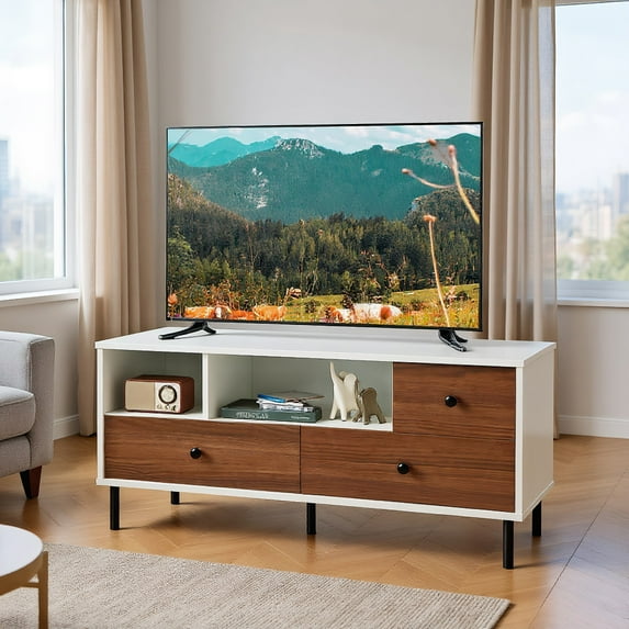 Resenkos Mid-Century TV Stand for 50-inch TVs with 2 Cubbies and 3 Drawers, Mid Century Modern TV Stand for Living Room Bedroom