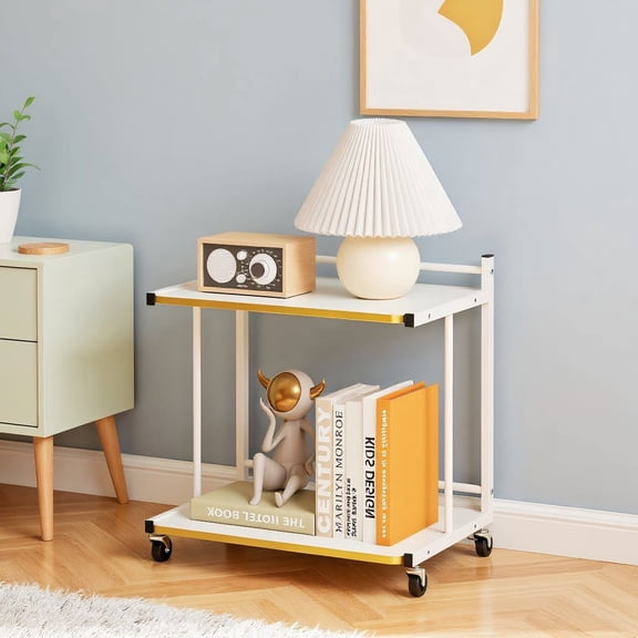 Resenkos Mobile 2-Tier Rolling End Table, Open Shelf Golden Trim Edge Side Table for Living Room, White