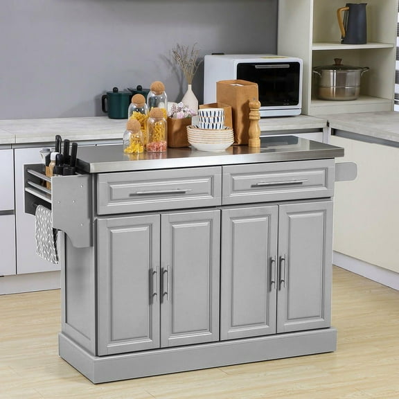 Resenkos Mobile Kitchen Cart with Stainless Steel Top, Features Two Drawers, Adjustable Shelves, and Integrated Spice, Knife, and Towel Racks, Gray
