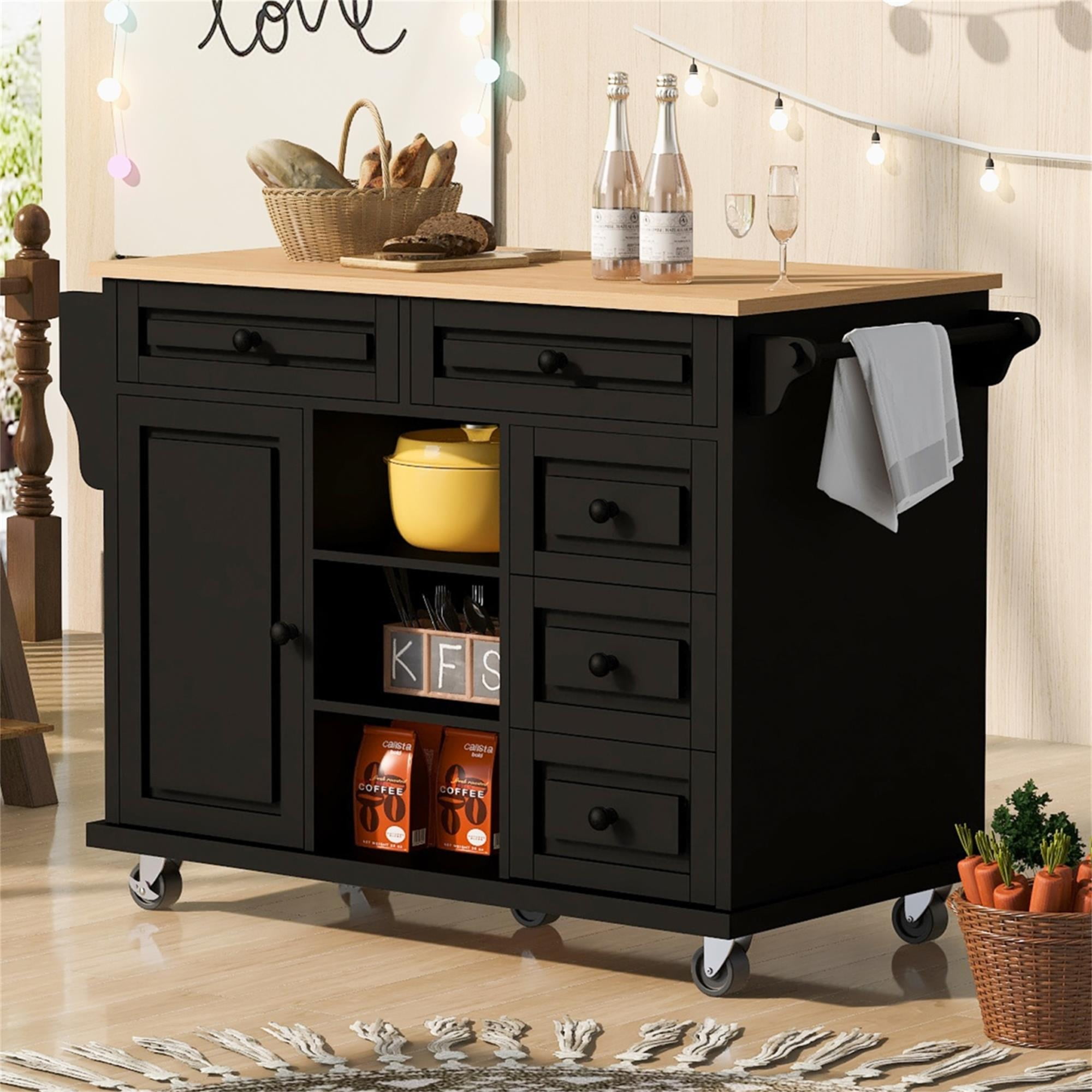 Resenkos Mobile Kitchen Island with Storage Portable Kitchen Cart Island Table for Kitchen Black