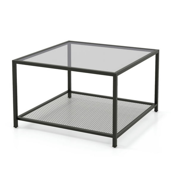 Resenkos Modern 2-Tier Square Glass Coffee Table with Mesh Shelf-Gray, Modern Coffee Table for Living Room Office Reception
