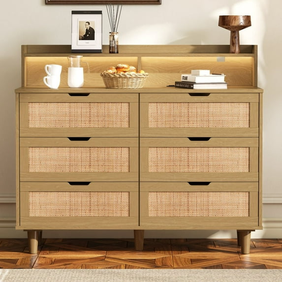 Resenkos Modern 6 Wide Drawer Long Dresser Chest of Drawers Wooden Dresser for Bedroom Brown