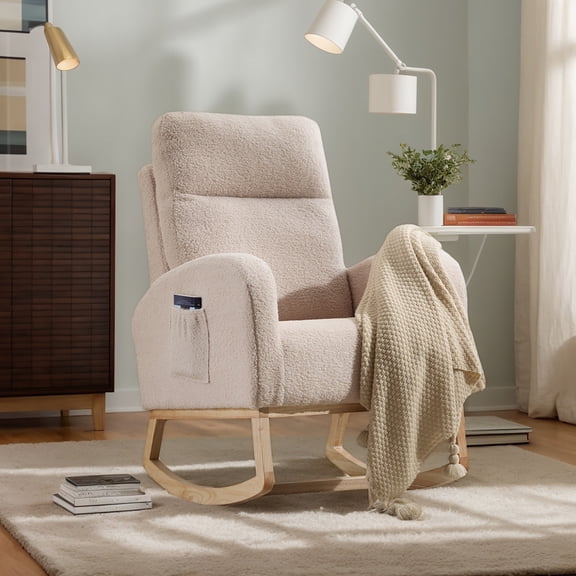 Resenkos Modern Accent Rocking Chair, Solid Wood Legs, High Backrest, Side Pocket, Teddy Upholstery, Nursery Lounge, Beige