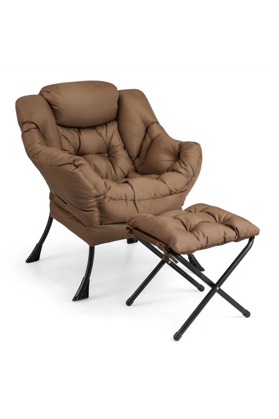 Modern Accent Sofa Chair with Folding Footrest and Side Pocket-Brown, Modern Mid-Century Upholstered Living Room Chair