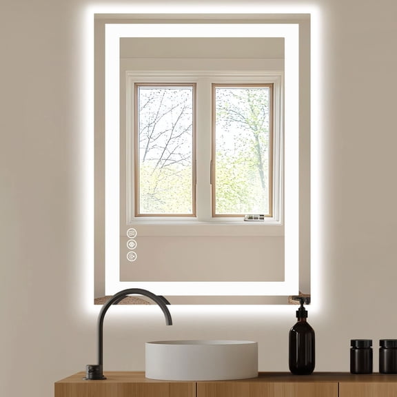 Resenkos Modern Anti-Fog LED Wall Mirror for Bathroom, Dual Light Source with Three Adjustable Lighting Modes, Silver