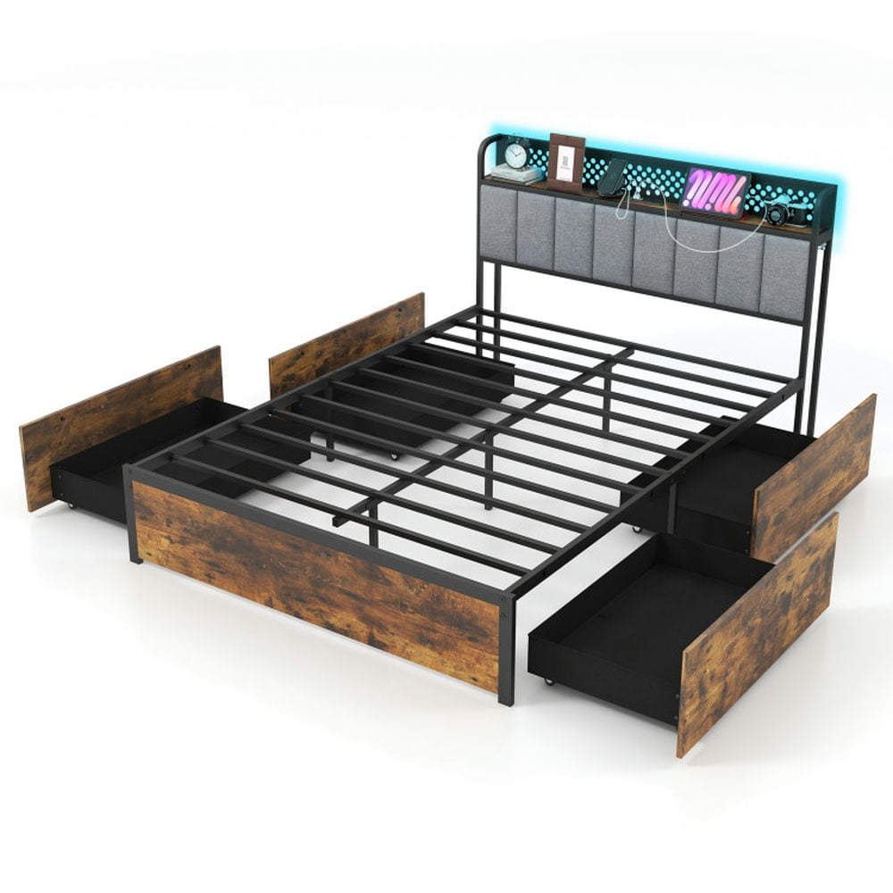 Resenkos Modern Bed,Frame Bed, Twin/Full/Queen Bed Frame with LED Lights Upholstered Headboard and 4 Storage Drawers-Full Size