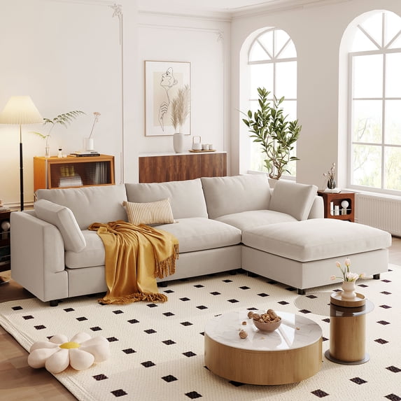 Resenkos Modern Beige Fabric L-Shaped Couch, 4-Seat Sofa Sectional with Reversible Chaise for Living Room, Apartment and Small Space