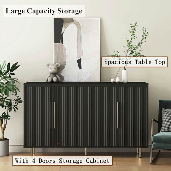 Resenkos Modern Buffet Cabinet with Storage, Fluted Sideboard, Adjustable Shelves, Credenza, Accent Cabinet Console Table - Black